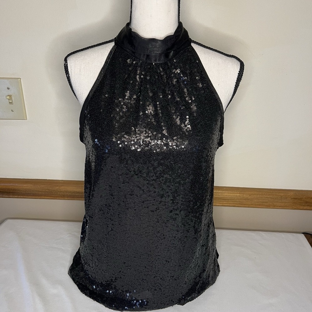 Andree by unit sleeveless black sequin sparkly tie neck tank women's Small